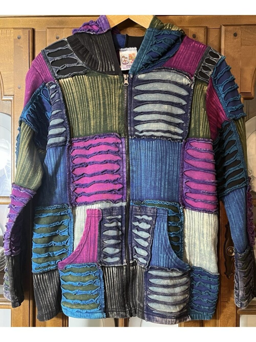 India Boutique Patchwork Hoodie Jacket Women's L Distressed Nepal Boho Hippie